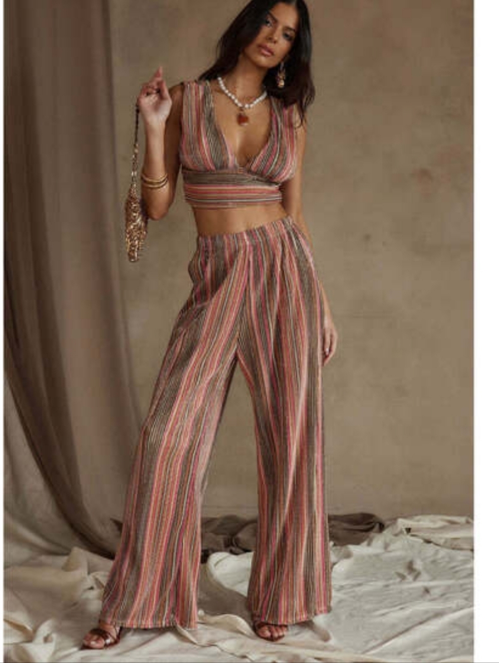 12th Tribe Multicolor Striped Wide Leg Pants & Matching Top